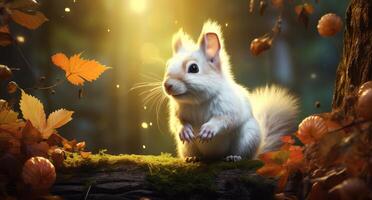 Cute white squirrel in autumn forest photo