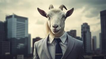 Confident business goat in suit standing in city photo