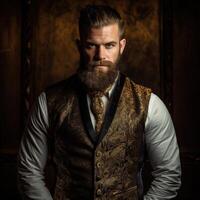 Stylish man with beard wearing ornate waistcoat photo