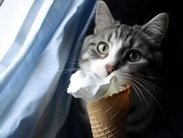 Curious cat enjoying ice cream cone photo
