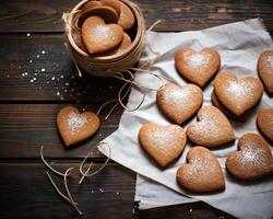 Homemade heart shaped gingerbread cookies on wooden background photo