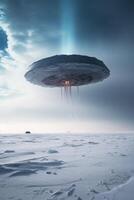 Mysterious UFO hovering over snowy landscape photo