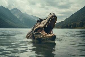 Ferocious prehistoric crocodile emerging from mountain lake photo