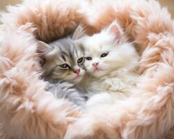 Adorable fluffy kittens cuddling in soft plush blanket photo