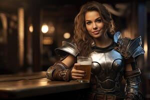 female warrior with beer in medieval tavern photo