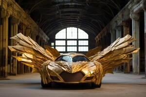 Futuristic golden car with wing like structures in abandoned industrial building photo