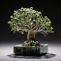 Technological nature digital tree growing from circuit board photo