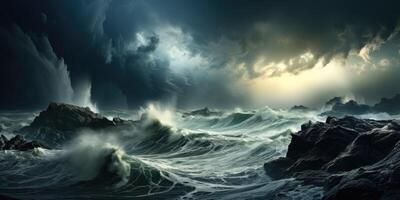 Dramatic stormy ocean landscape with crashing waves and dark clouds photo