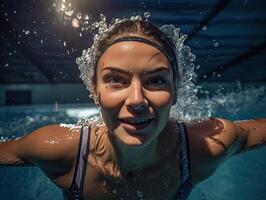 Smiling woman with wet hair and crown like headpiece in pool photo
