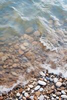 Tranquil beach scene with rippling waves and smooth pebbles photo
