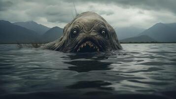 Mysterious creature emerging from dark waters photo