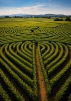 Aerial view of a beautiful crop field with intricate patterns photo