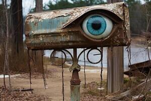 Mysterious eye in a decaying wooden structure photo