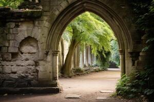 Enchanting stone archway in lush forest landscape photo