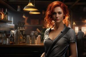 Confident woman with vibrant red hair in a cafe setting photo