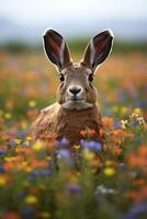 Curious rabbit in a field of colorful flowers photo