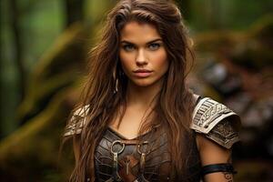 Fierce female warrior with intense gaze photo