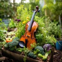 Violin in garden with vegetables photo
