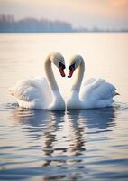 Graceful swans swimming in serene lake photo