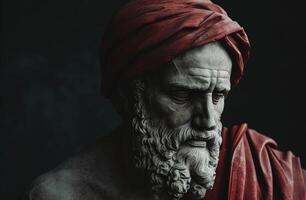 ancient philosopher statue with red cloth photo