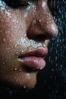 Close up of a persons face with water droplets photo