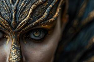 Mysterious golden mask with piercing blue eye photo