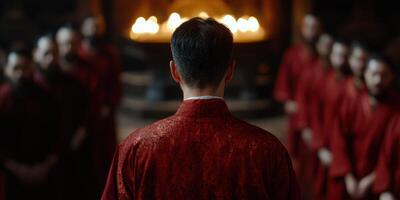 man in red ceremonial robe standing in front of glowing lights photo