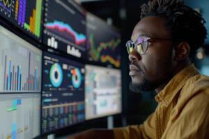 Businessman analyzing financial data on multiple computer screens photo