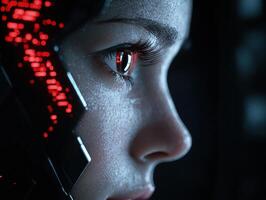 Futuristic cyberpunk eye with red glowing lights photo