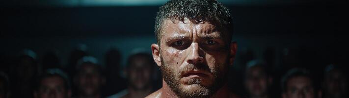 intense man with beard and wet face in dark environment photo