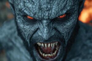 Terrifying monster with glowing red eyes and sharp teeth photo