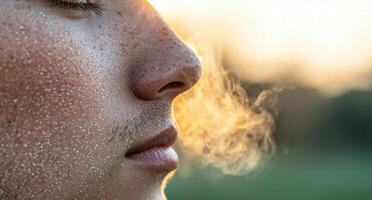 close up of persons face with steam photo