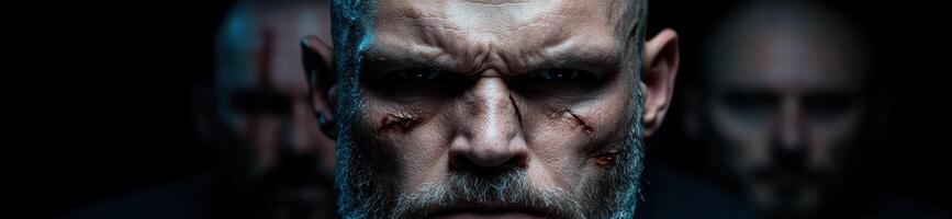 Intense close up portrait of a rugged, bearded man with a serious expression photo
