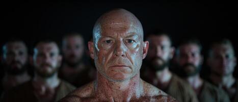 Intense close up portrait of a weathered, mature man with a stern expression photo