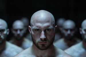Intense bald man with beard staring at camera photo