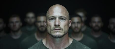 Serious bald man with beard looking at camera photo