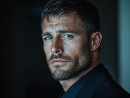 Intense gaze of a serious man with a beard photo