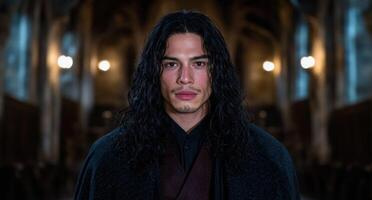 Mysterious man with long dark hair in a dark environment photo