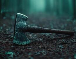 Rugged axe embedded in the earth photo