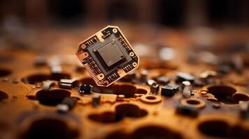 Closeup of a computer microchip on a circuit board photo
