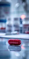 Close up of a red medical capsule on a reflective surface photo