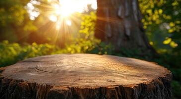 Sunlight shining through the trees onto a wooden stump photo