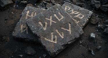 ancient rock carving with mysterious symbols photo