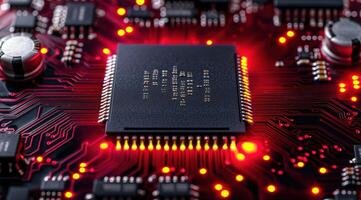 Close up of a computer circuit board with glowing red lights photo