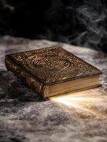 Ornate ancient book with glowing pages photo