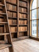 Cozy wooden bookshelf with ladder in library photo