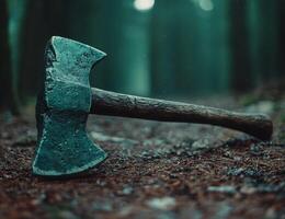 Rugged axe embedded in tree trunk in forest photo