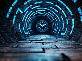 futuristic tunnel with glowing lights and clock photo