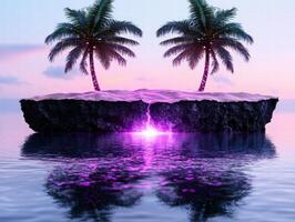 Tropical island paradise with palm trees and lightning bolt over ocean photo
