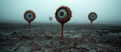 Surreal eye like structures in a desolate landscape photo